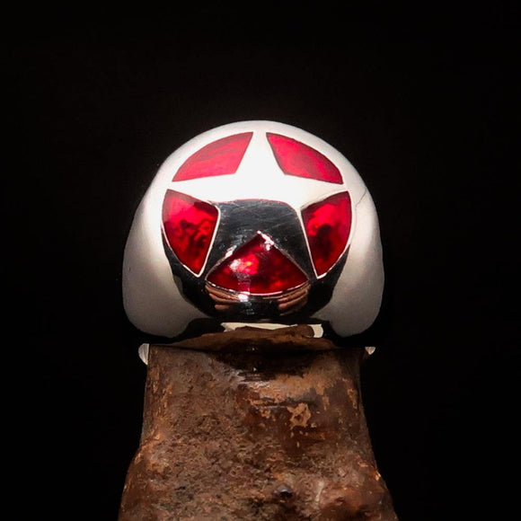Excellent crafted Men's US Marshall Ring red Star - Sterling Silver - BikeRing4u