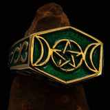 Men's Solid Brass Ring green Crescent Moon Pentagram Star - BikeRing4u
