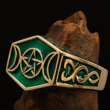 Men's Solid Brass Ring green Crescent Moon Pentagram Star - BikeRing4u