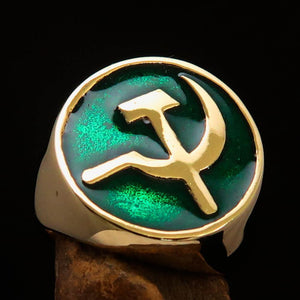 Excellent crafted Men's Socialist Ring Hammer Sickle Green - Solid Brass - BikeRing4u