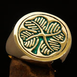 Excellent crafted Men's Signet Ring Four leaved Clover Green - Solid Brass - BikeRing4u