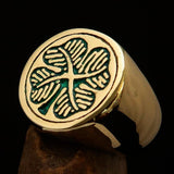 Excellent crafted Men's Signet Ring Four leaved Clover Green - Solid Brass - BikeRing4u