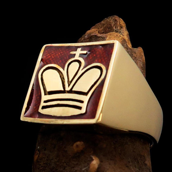 Perfectly crafted Men's Chess Player Ring Orange King's Crown - Solid Brass - BikeRing4u