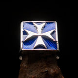 Perfectly crafted Men's Biker Ring Maltese Cross Blue - Sterling Silver - BikeRing4u