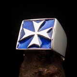 Perfectly crafted Men's Biker Ring Maltese Cross Blue - Sterling Silver - BikeRing4u