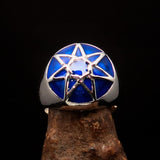 Nicely crafted domed Men's Heptagram Ring blue Heptagon - Sterling Silver - BikeRing4u