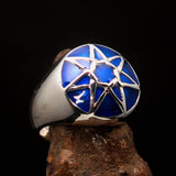 Nicely crafted domed Men's Heptagram Ring blue Heptagon - Sterling Silver - BikeRing4u