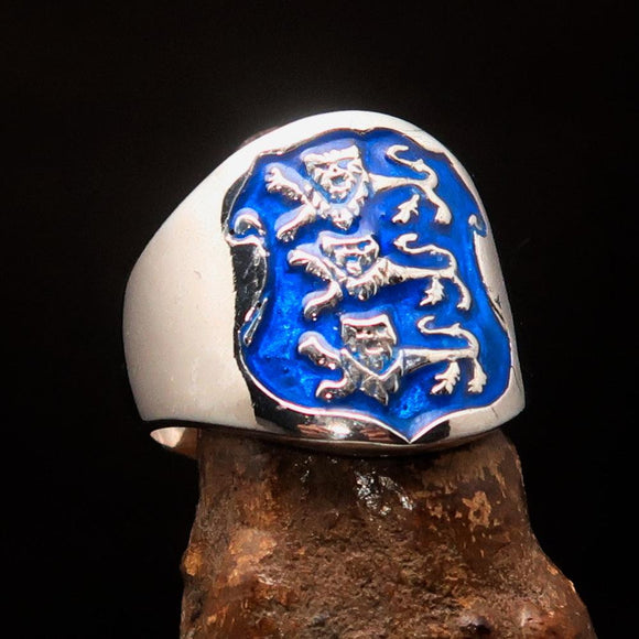 Excellent crafted Men's blue 3 Lions Coat of Arms Ring - Sterling Silver - BikeRing4u