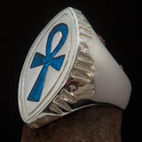 Blue marquise shaped Egyptian Ankh Cross Men's Ring - Sterling Silver - BikeRing4u
