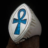 Blue marquise shaped Egyptian Ankh Cross Men's Ring - Sterling Silver - BikeRing4u