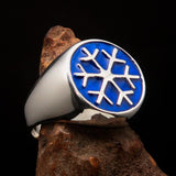 Excellent crafted Men's Winter Ring blue Snowflake - Sterling Silver - BikeRing4u