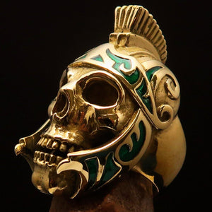 Excellent crafted Men's Skull Biker Ring Roman Centurion Green - Solid Brass - BikeRing4u