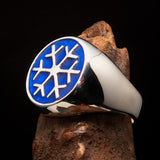 Excellent crafted Men's Winter Ring blue Snowflake - Sterling Silver - BikeRing4u