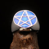 Perfectly crafted Men's Solid Line Pentagram Ring Blue - Sterling Silver - BikeRing4u