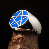 Perfectly crafted Men's Solid Line Pentagram Ring Blue - Sterling Silver - BikeRing4u