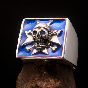 Excellent crafted Men's Pirate Skull Ring Blue Maltese Cross - Sterling Silver - BikeRing4u