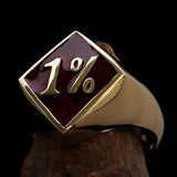 Men's Brass Biker Ring Diamond shaped 1% Percent Outlaw Symbol Red - BikeRing4u