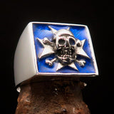 Excellent crafted Men's Pirate Skull Ring Blue Maltese Cross - Sterling Silver - BikeRing4u