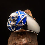 Excellent crafted domed Men's blue Hexagram Skull Ring - Sterling Silver - BikeRing4u