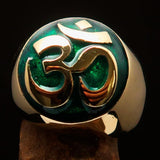 Nicely crafted domed Men's Buddhist Ring Green Aum Symbol - Solid Brass - BikeRing4u