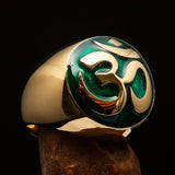 Nicely crafted domed Men's Buddhist Ring Green Aum Symbol - Solid Brass - BikeRing4u