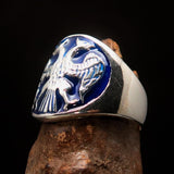 Excellent crafted ancient Men's Twin Head Eagle Ring Blue - Sterling Silver - BikeRing4u