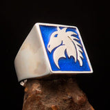 Excellent crafted Men's Chess Ring Horse Head Blue - Sterling Silver - BikeRing4u