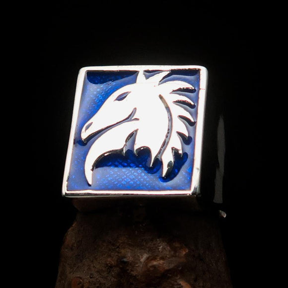 Excellent crafted Men's Chess Ring Horse Head Blue - Sterling Silver - BikeRing4u