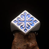 Excellent crafted Men's Blue Fleur de Lis Cross Ring - Sterling Silver - BikeRing4u