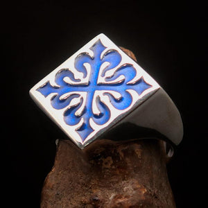 Excellent crafted Men's Blue Fleur de Lis Cross Ring - Sterling Silver - BikeRing4u