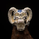 Excellent crafted Men's blue 1% Ram Skull Outlaw Ring - Sterling Silver - BikeRing4u
