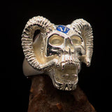 Excellent crafted Men's blue 1% Ram Skull Outlaw Ring - Sterling Silver - BikeRing4u