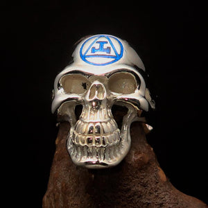 Excellent crafted Men's Masonic Ring Blue Archer Skull - Sterling Silver - BikeRing4u