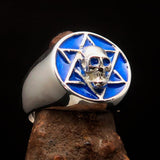 Excellent crafted Men's Biker Ring Blue Hebrew Skull - Sterling Silver - BikeRing4u