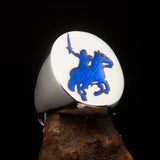 Excellent crafted Men's Blue Riding Knight Ring - Sterling Silver - BikeRing4u