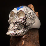 Excellent crafted Men's blue 1% Runes Skull Outlaw Ring - Sterling Silver - BikeRing4u