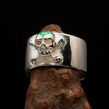 Excellent crafted Outlaw green 1% Jolly Roger Skull Band Ring - Sterling Silver - BikeRing4u
