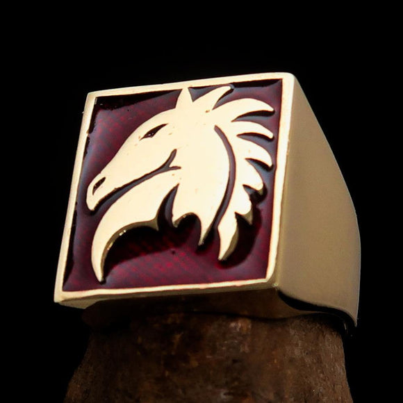 Excellent crafted Men's Chess Ring red Horse Head - Solid Brass - BikeRing4u