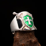 Crossed Swords Men's green Knights Templar Cross Ring - Sterling Silver - BikeRing4u