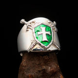 Crossed Swords Men's green Knights Templar Cross Ring - Sterling Silver - BikeRing4u