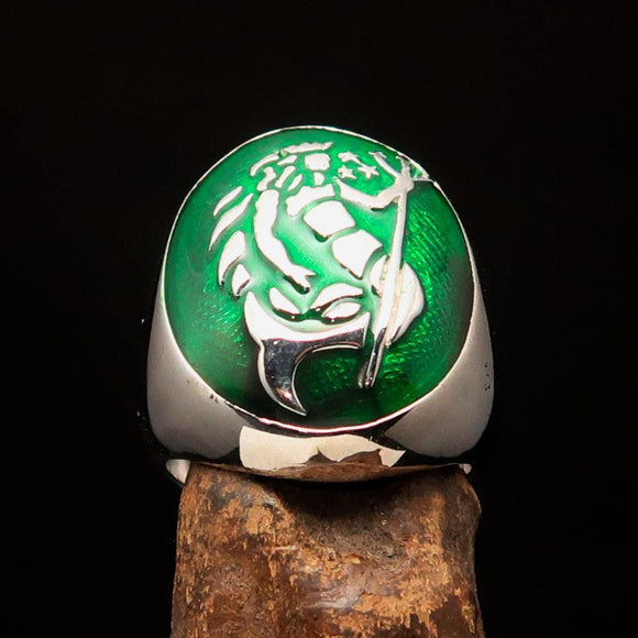 Excellent crafted Men's Aquarius Ring green Zodiac - Sterling Silver - BikeRing4u