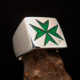 Nicely crafted Men's Knight Ring Maltese Cross Green - Sterling Silver - BikeRing4u