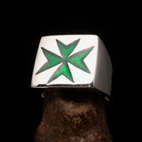 Nicely crafted Men's Knight Ring Maltese Cross Green - Sterling Silver - BikeRing4u