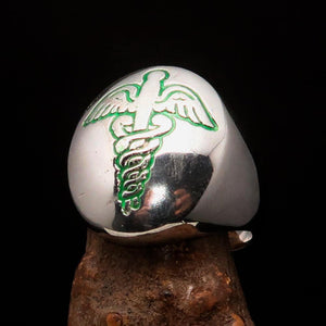Excellent crafted Men's Green Medical Doctor Seal Ring - Sterling Silver - BikeRing4u