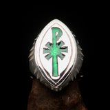 Ancient Men's Christian Monogram Cross Ring green Chi Rho XP - Sterling Silver - BikeRing4u