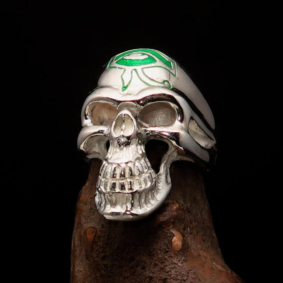 Excellent crafted Men's Skull Ring Green Eye of Ra - Sterling Silver - BikeRing4u