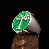 Excellent crafted Men's green oval Tree of Life Ring - Sterling Silver - BikeRing4u