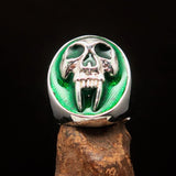 Excellent crafted oval Men's green Vampire Skull Ring - Sterling Silver - BikeRing4u