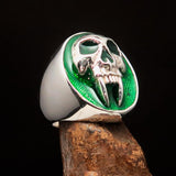 Excellent crafted oval Men's green Vampire Skull Ring - Sterling Silver - BikeRing4u
