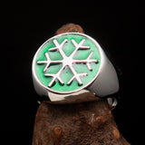 Excellent crafted Men's Winter Ring green Snowflake - Sterling Silver - BikeRing4u